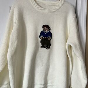 Uni-Sex Cream Crewneck Sweater XXL New with Bear Patch.